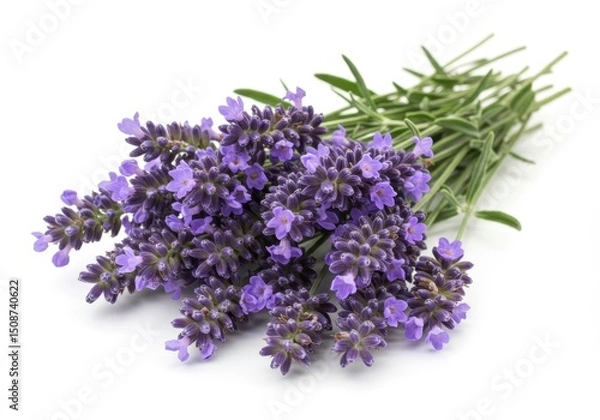 Fototapeta Close-up of lavender flowers with green leaves on a white background