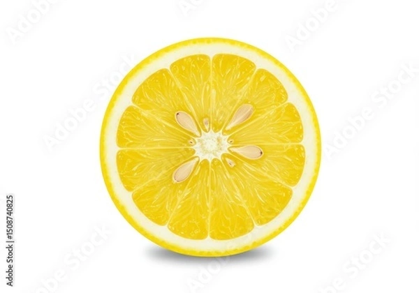 Fototapeta Studio shot of a vibrant lemon slice showing pulp and seeds on a white background