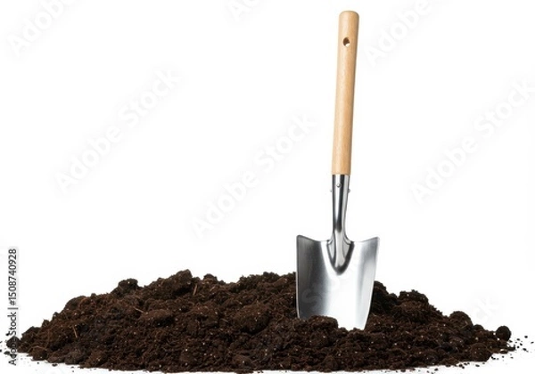 Fototapeta Shovel standing in a pile of dark soil against white background
