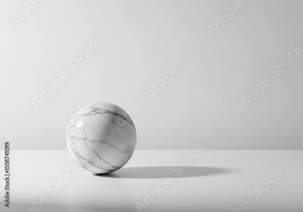 Fototapeta Marble sphere with veins on a white surface casting a shadow in a studio setting