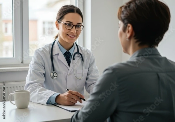 Fototapeta Female doctor consulting with patient in office setting at desk