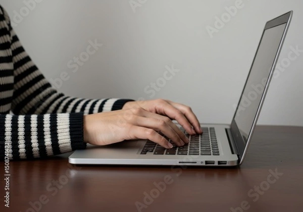 Fototapeta Hands typing on a laptop computer at a desk, working or studying