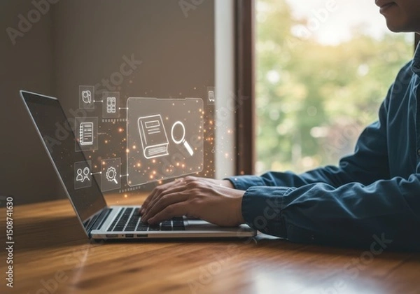 Fototapeta Person using laptop with digital book and search icons for online learning