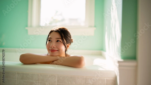 Obraz バスタブで微笑む日本人女性の癒し時間