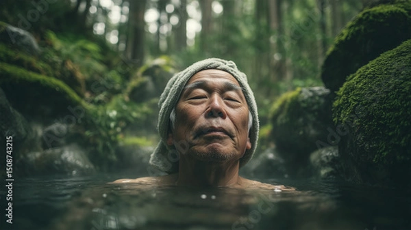 Fototapeta 山の温泉でくつろぐ高齢男性