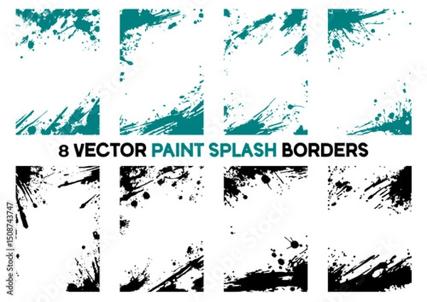 Fototapeta Set of 8 vector paint splash borders in teal and black. These dynamic grunge frames and corner elements are perfect for adding an artistic, edgy touch to various design projects.