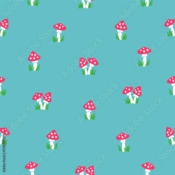 Fototapeta Vector seamless pattern Amanita mushrooms on a light blue background