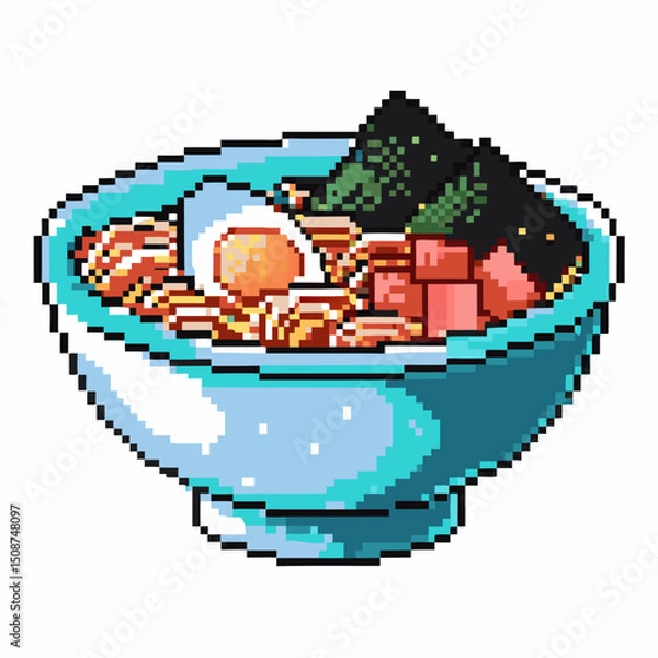 Fototapeta Pixel art ramen bowl with egg, seaweed, and cubes reflects retro gaming and culinary delight
