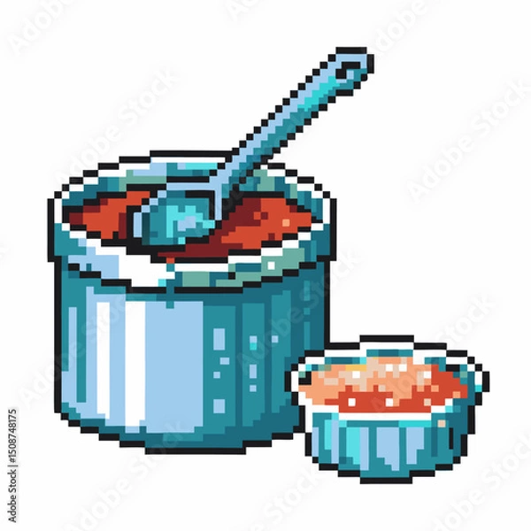 Fototapeta Retro pixel art two blue pots with red sauce and spoon, nostalgic gaming icon