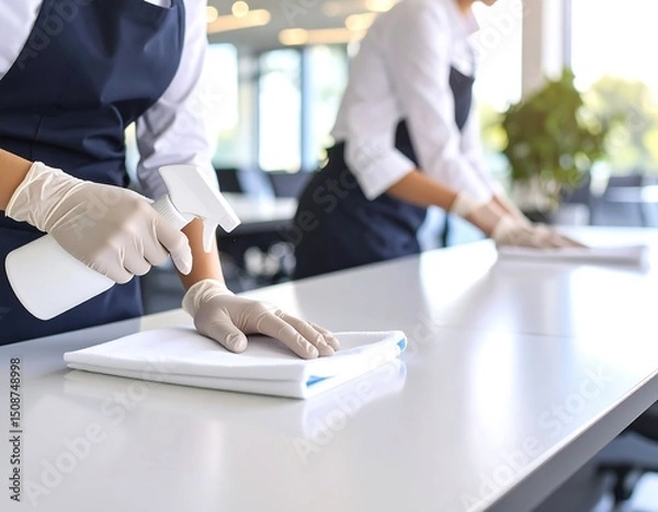 Fototapeta Two uniformed cleaners disinfect a table in an office