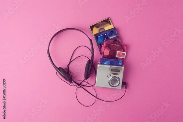 Fototapeta Silver minidisc player, black headphones, and colorful discs scattered on pink background revive playful and carefree 90s music nostalgia.