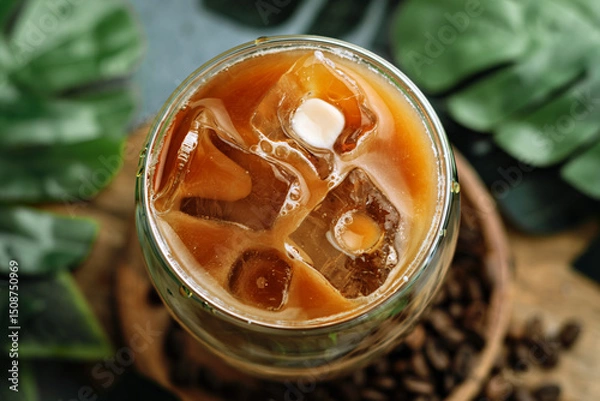 Fototapeta Top view of iced coffee with milk and melting ice, green leaves and coffee beans nearby add freshness and a cozy, inviting mood.