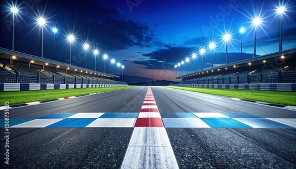 Fototapeta Custom AI ModelAsphalt racing track finish line and illuminated race sport stadium at night