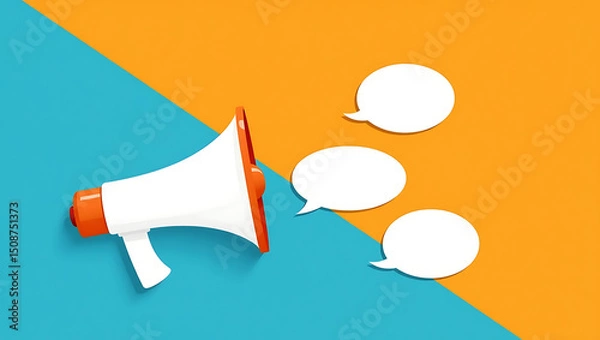 Obraz Modern Minimalist Illustration of Megaphone and Speech Bubbles on Bold Blue and Orange Split Background – Digital Communication Concept