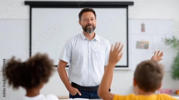 Obraz A dedicated teacher interacts with students in a bright classroom, encouraging hands-on learning and participation. The classroom atmosphere promotes curiosity and engagement.