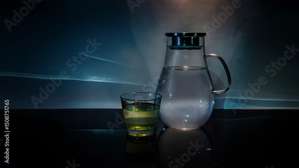 Obraz Glass Pitcher and Tumbler with Water and Reflections on a Dark Background
Minimalist still life with a glass jug and a drinking glass on a reflective surface. Dramatic lighting creates artistic shadow