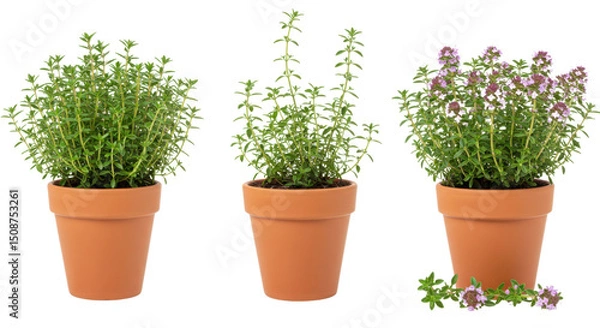 Obraz Three stages of thyme plant growing in terracotta pots isolated PNG with Transparent Background