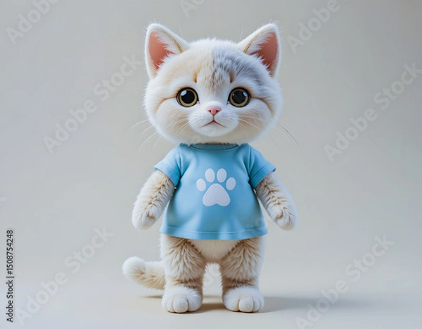 Fototapeta A cute cream and brown plush cat wearing a blue t-shirt with a paw print stands on a light background.
