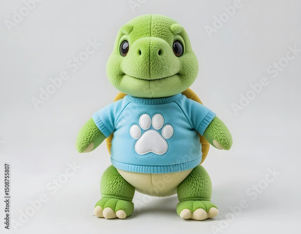Fototapeta An upright turtle doll, showcasing its adorable face and a light blue t-shirt with a bold white paw print, all against a seamless white backdrop.