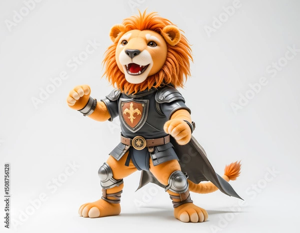 Fototapeta Brave lion mascot in knight armor with a cape and shield, ready for adventure on a white background.