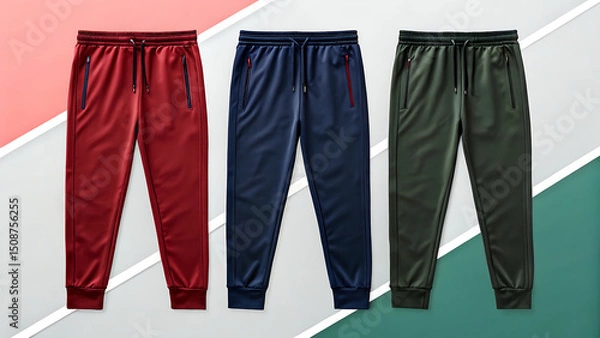 Fototapeta Stylish track pants collection displaying different colors and contemporary apparel design for fashion or fitness