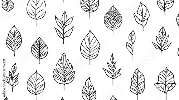 Fototapeta Seamless pattern of simple black line art leaves on white background.