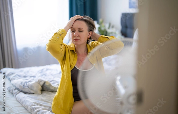 Obraz Woman tries to cool off during the intense heat in front of cooling fan.