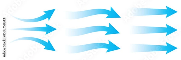 Fototapeta Air flow arrows set. Set of blue arrow showing wind air flow. Vector set of air flow arrows. Blue air flow arrows showing wind circulation and ventilation. Set of blue arrows showing cold air 
