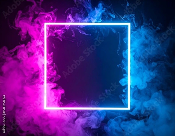 Obraz Glowing neon square frame within vibrant pink and blue smoke