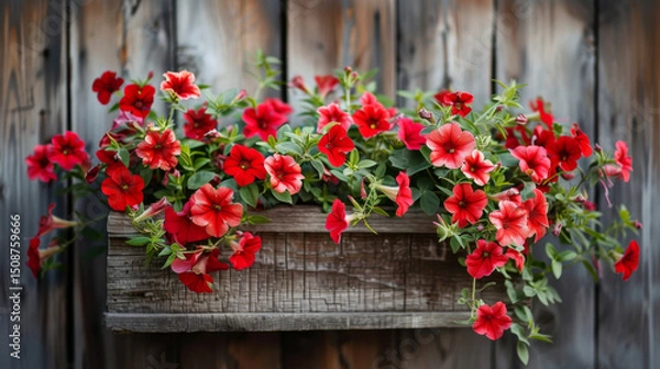 Obraz A rustic wooden planter box brimming with vibrant red petunias, hanging on an old weathered fence. This charming scene captures the essence of springtime