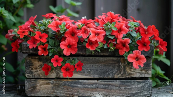Obraz A rustic wooden planter box brimming with vibrant red petunias, hanging on an old weathered fence. This charming scene captures the essence of springtime