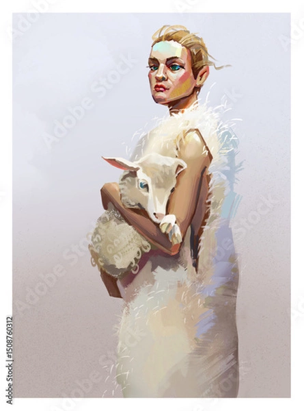 Fototapeta Illustration of a girl in a fur coat with a sheep in her arms.