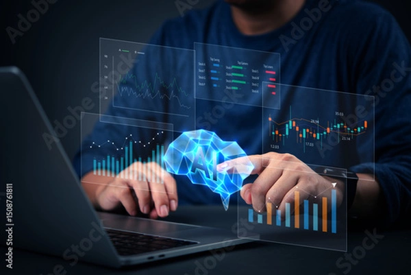 Fototapeta Financial data with artificial intelligence. AI role in investment, market analysis, stock trading, and management. FinTech, smart financial solutions, and big data for strategic business growth.
