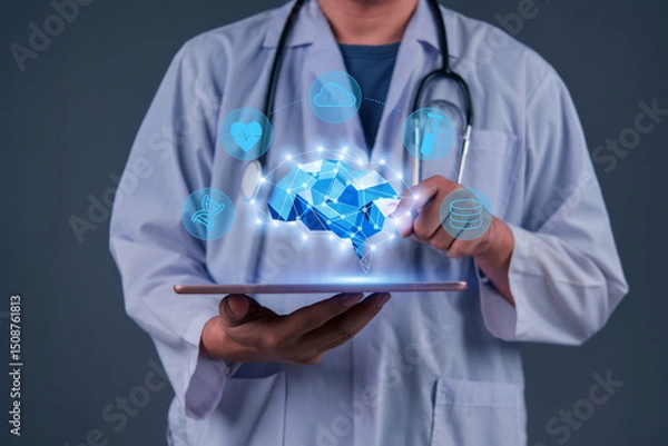 Fototapeta Doctor AI technology in healthcare. artificial intelligence medical care, data for diagnostics, treatment, and patient well-being. integration of machine learning in modern hospitals and clinics.