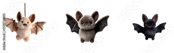 Fototapeta A full-body plushie of a fluffy bat with spread wings and cute fangs, hanging upside down on a transparant background.