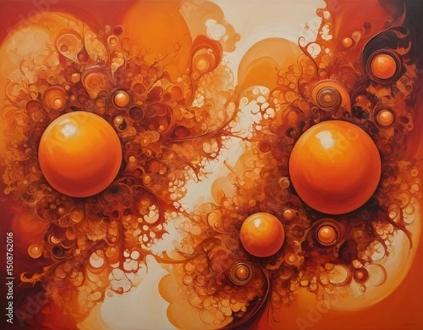 Fototapeta Vibrant Abstract Art with Orange Spheres and Swirling Patterns