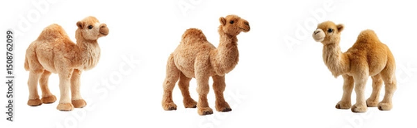 Fototapeta A full-body plushie of a soft camel with tiny humps and long legs, standing calmly on a transparant background.