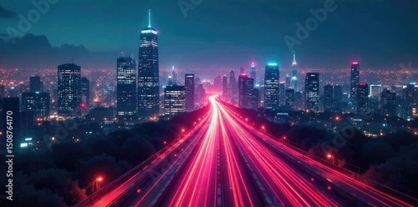 Fototapeta A futuristic cityscape at night, glowing fiber optic cables forming a network across the buildings, representing the digital information superhighway , wires, signal