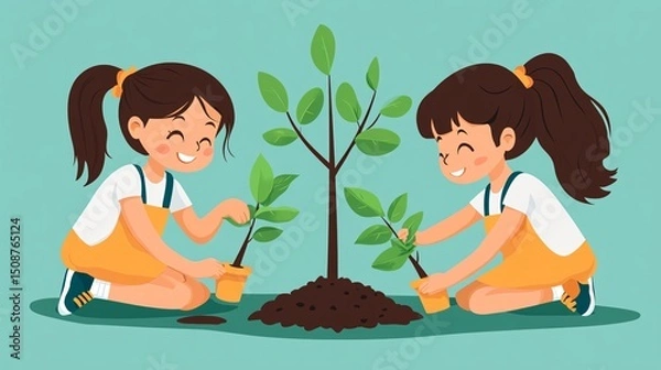 Fototapeta vector flat design of kids planting trees, eco-friendly education, earth day activity, soft bright colors, environmental preservation concept