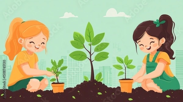Fototapeta vector flat design of kids planting trees, eco-friendly education, earth day activity, soft bright colors, environmental preservation concept