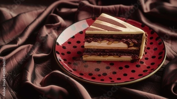 Fototapeta Close-up of a delicious layered cake slice on a red and black polka-dotted plate.