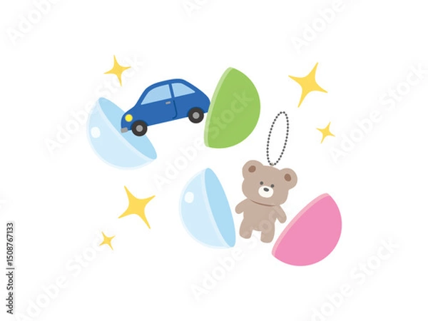 Fototapeta 中身にぬいぐるみと車(ミニカー)が入ったカプセルトイのイラスト素材　/ガチャガチャ、ガシャポン、景品、おもちゃ、開封
