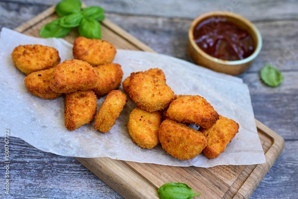 Fototapeta 
 Crispy oven baked  chicken nuggets and  barbeque sauce . Breaded chicken fillets  with chilly peppers and fresh basi on wooden rustic background