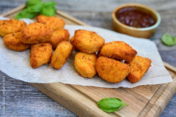 Fototapeta 
 Crispy oven baked  chicken nuggets and  barbeque sauce . Breaded chicken fillets  with chilly peppers and fresh basi on wooden rustic background