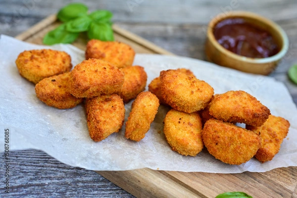 Fototapeta 
 Crispy oven baked  chicken nuggets and  barbeque sauce . Breaded chicken fillets  with chilly peppers and fresh basi on wooden rustic background