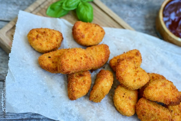Fototapeta 
 Crispy oven baked  chicken nuggets and  barbeque sauce . Breaded chicken fillets  with chilly peppers and fresh basi on wooden rustic background