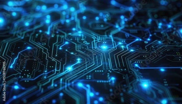 Fototapeta Intricate circuit board design with glowing blue lines.