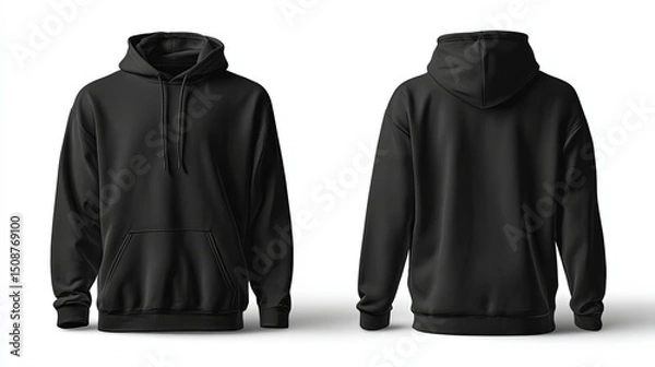Fototapeta Black hoodie displayed front and back isolated on white background under studio lighting.