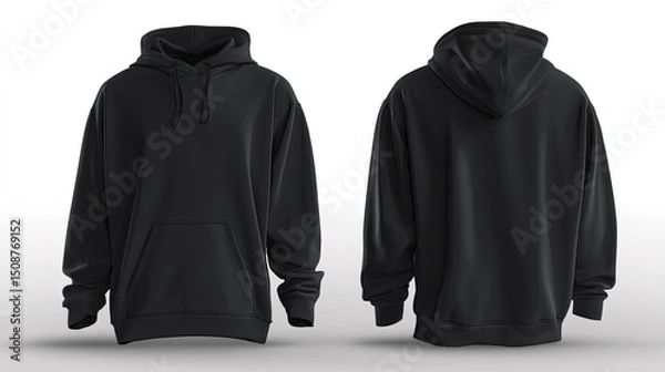 Fototapeta Black hoodie displayed front and back isolated on white background under studio lighting.