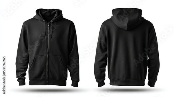 Fototapeta Black hoodie displayed front and back isolated on white background under studio lighting.
